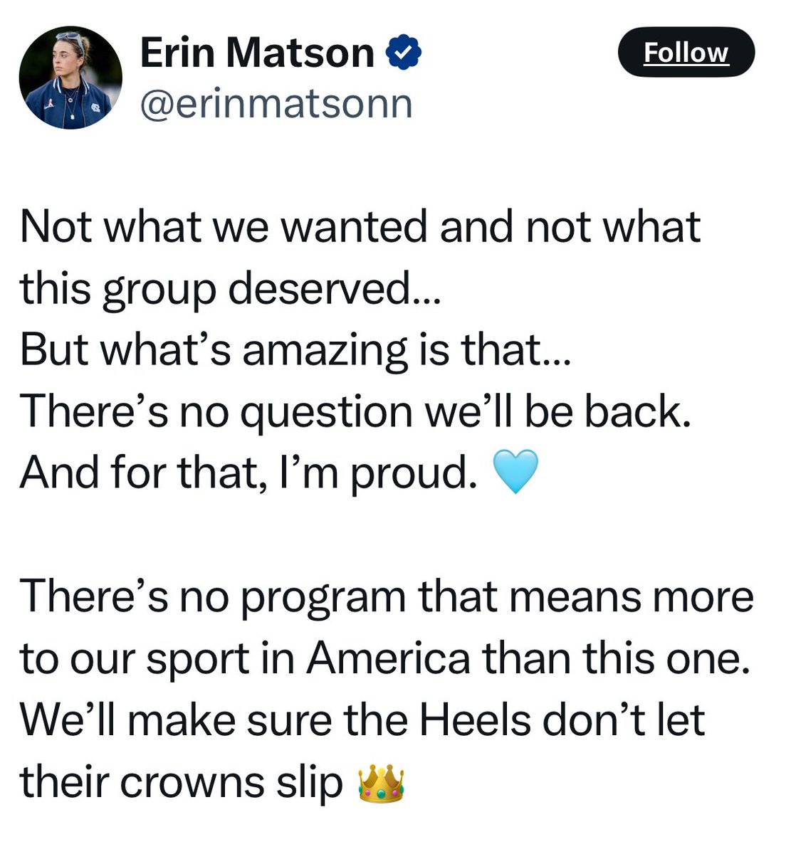 Word choices…teachable moment for Ms. Matson: 

1) Deserved…. 🙈 uhh no one deserves anything

2) “There’s no program that means more to our sport in America than this one”…. 😮 

👏🏼 Way to 💩 on every other natty champ FH team, every other coach that leads and guides their
