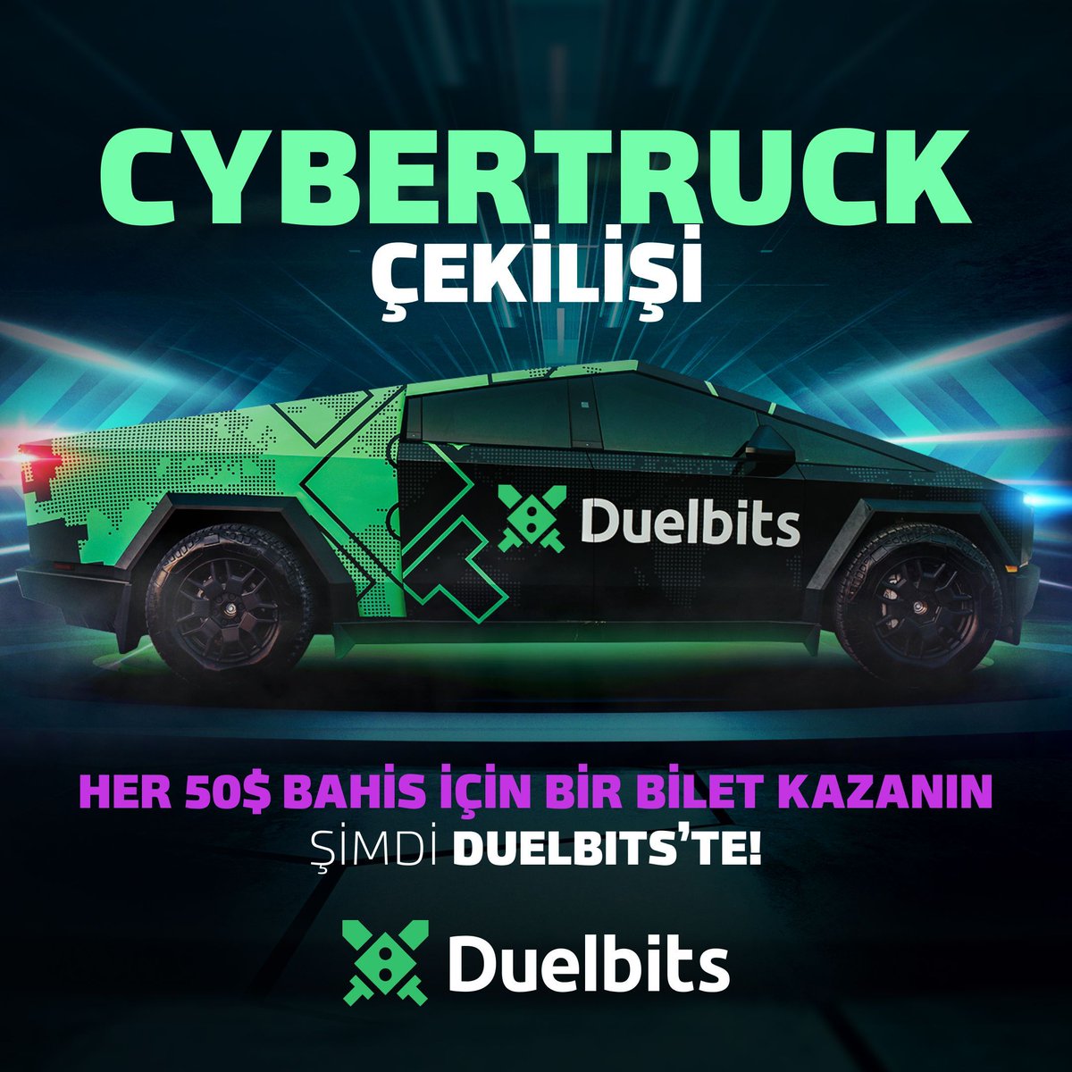 DuelbitsTR's tweet photo. Bu canavarı kazanmak için geri sayım başladı! 🚀 

Hedefe sadece 1 ay kaldı! 👀 

Her 50 $’lık bahisle, #Cybertruck çekilişi için bir bilet kazan! 🎟️💥

📅 Çekiliş Tarihi: 21 Aralık 2024

➡️ https://t.co/DogfNnGHrf https://t.co/puyHVj2Zqo