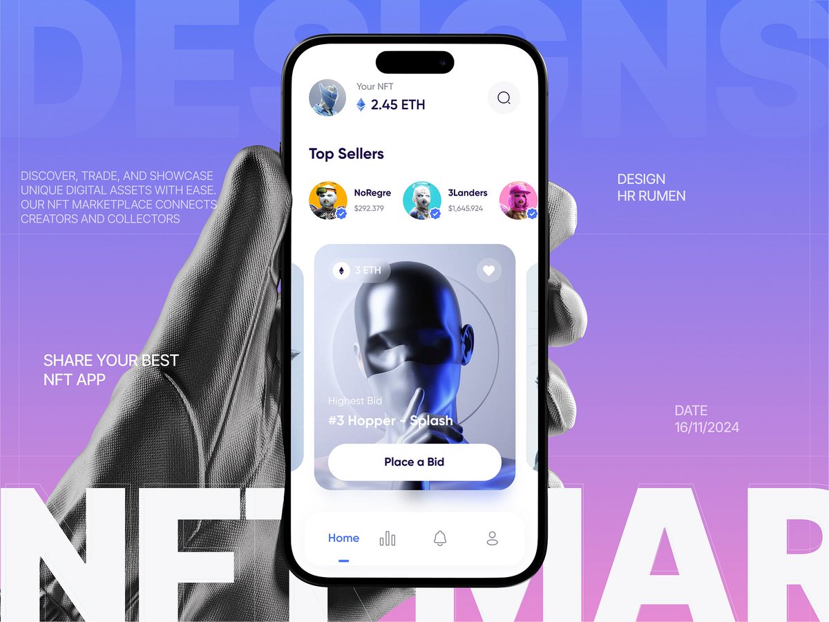 orizondesign's tweet photo. Shoutout to HR Rumen for this NFT Marketplace app conceptπ£πͺ
The NFTs featured here are unique and eye-catching, while the bold typography and gradient background help the app stand out.
#NFTArt #DigitalArt #AppDesign #UI #UX #UIDesign #AppConcept #iOSApp https://t.co/uWs8kNp1Jn