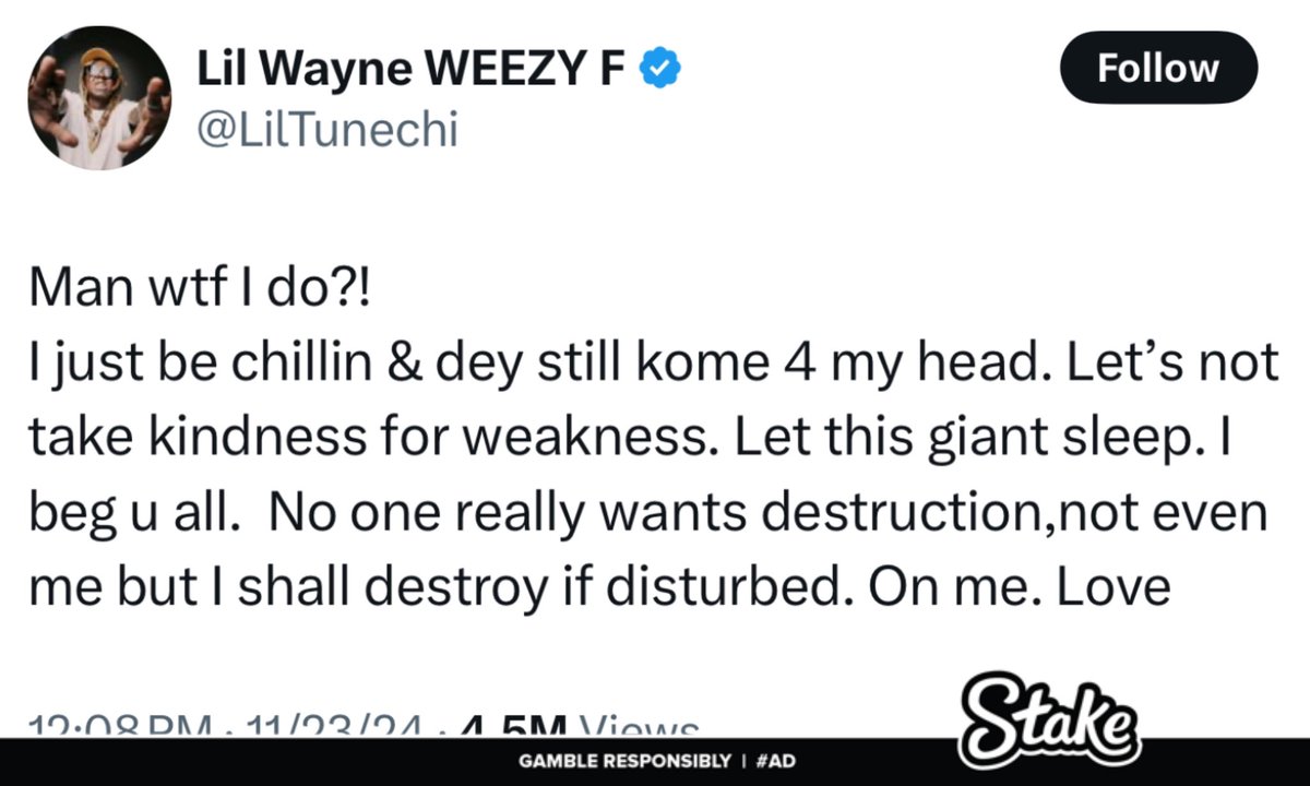 AkademiksTV's tweet photo. Lil Wayne tells Kendrick to leave him alone before he gets active again 😈 https://t.co/2rFIPM3lQX