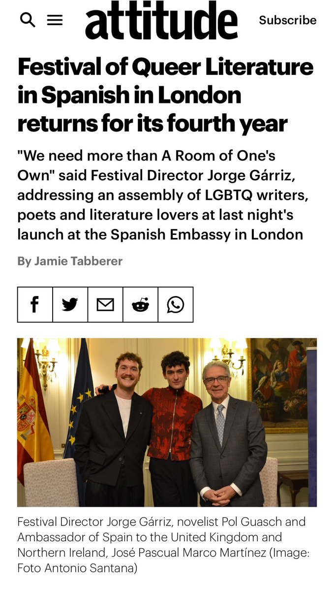 Romancero Books (@romancerobooks) on Twitter photo We made it to <a href="/AttitudeMag/">Attitude Magazine</a> - thanks @jamietabberer for writing such an inspiring article
🤓🔗: attitude.co.uk/culture/festiv…
<a href="/EmbSpainUK/">Embassy of Spain UK</a> <a href="/SpainCultureUK/">Spain Culture & Science UK</a> <a href="/ACEcultura/">Acción Cultural AC/E</a> <a href="/CervantesLondon/">Instituto Cervantes London</a> <a href="/IRLlull/">Institut Ramon Llull</a> @diversitas_i We made it to <a href="/AttitudeMag/">Attitude Magazine</a> - thanks @jamietabberer for writing such an inspiring article
🤓🔗: attitude.co.uk/culture/festiv…
<a href="/EmbSpainUK/">Embassy of Spain UK</a> <a href="/SpainCultureUK/">Spain Culture & Science UK</a> <a href="/ACEcultura/">Acción Cultural AC/E</a> <a href="/CervantesLondon/">Instituto Cervantes London</a> <a href="/IRLlull/">Institut Ramon Llull</a> @diversitas_i
