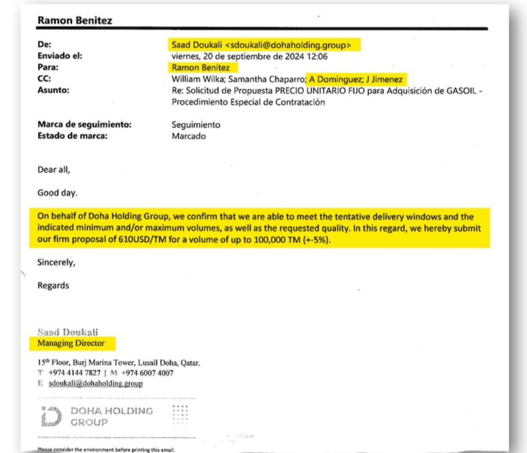 elcriticopyOK's tweet image. Un nuevo documento al que accedió @ABCDigital revela cómo actuó la empresa Doha Holding Group LLC, de Catar, para quedarse con el millonario contrato de US$ 61 millones con Petróleos Paraguayos (Petropar), presidida por @EddieJara1. 🧵👇
