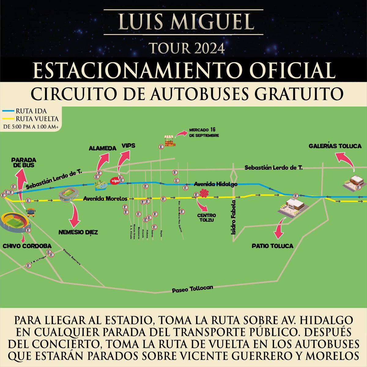 adiccion_comun's tweet photo. ¡Luis Miguel cierra su gira en Toluca! 
Disfruta del concierto con seguridad a través de los estacionamientos oficiales.
Circuito de autobuses gratuito sobre Hidalgo y Morelos, desde los estacionamientos oficiales al Estadio “Chivo” Córdova y de regreso de 17:00  a 1:00 hrs https://t.co/6XM1ISFIGb