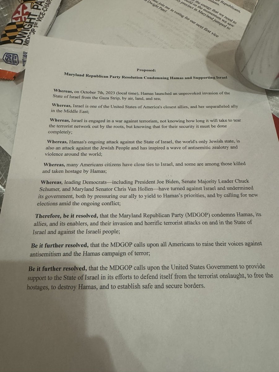 MatthewFoldi's tweet photo. @MarylandYRs Text of pro-Israel resolution calls out Democrats who have sided with Hamas:

Chuck Schumer, Joe Biden, and #MDSEN Chris van Hollen

(4/xx) https://t.co/w2cILxPSbM