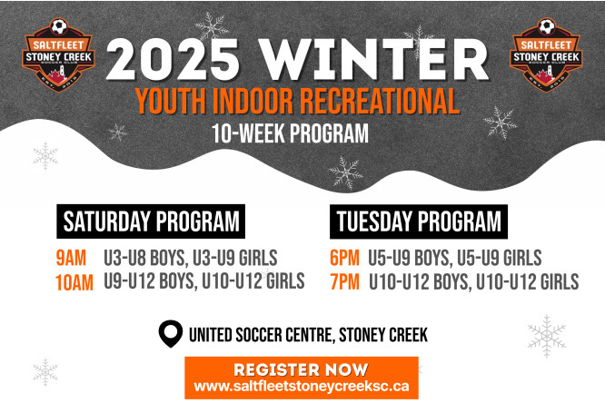 Saltfleet Stoney Creek Soccer Club (@sscsoccerclub1) on Twitter photo Join us for our winter indoor youth recreational programs!
Starting in January 2025
For more information, email us at info@saltfleetstoneycreeksc.ca
#WeAreSSC Join us for our winter indoor youth recreational programs!
Starting in January 2025
For more information, email us at info@saltfleetstoneycreeksc.ca
#WeAreSSC