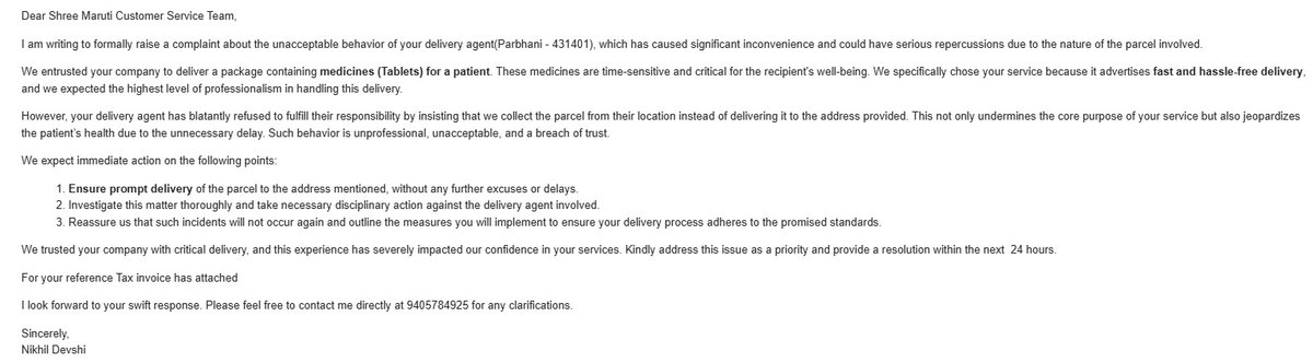 nikhildevship05's tweet photo. @iamokariya @SMILIndia
 Urgent issue: Your delivery agent (Parbhani - 431401) refused to deliver a parcel of critical medicines, asking us to pick it up instead. This unprofessional behavior jeopardized a patient’s health. Immediate action required—ensure delivery, investigate https://t.co/ddGoqmQNQY