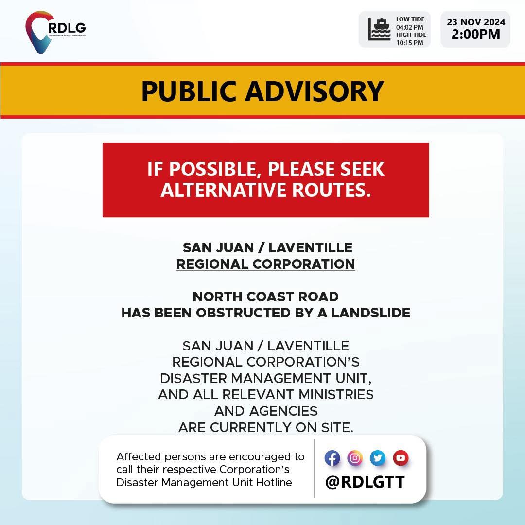 tttliveonline's tweet photo. ⚠️Public Advisory⚠️

North Coast Road Obstructed By Landslide. https://t.co/YYhpJCkN8T