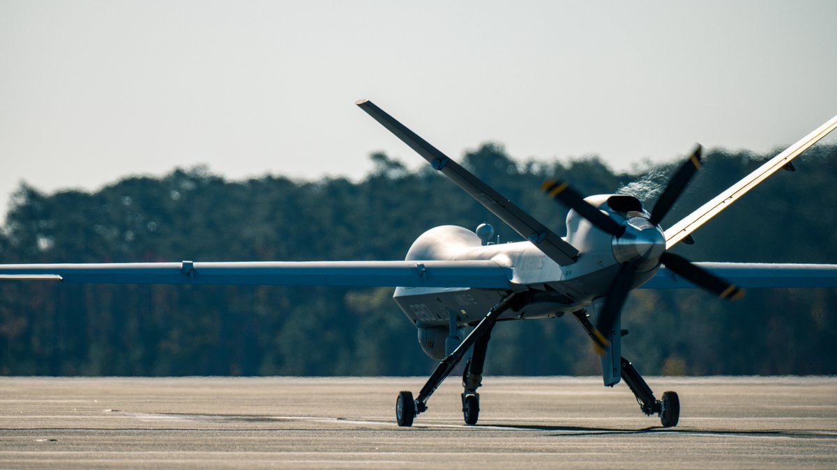 USMC's tweet photo. A #MarineCorps MQ-9A Reaper unmanned aircraft system with Marine Unmanned Aerial Vehicle Training Squadron (VMUT) 2 taxis at Marine Corps Air Station Cherry Point.

VMUT-2 serves as the Marine Corps MQ-9A Reaper Fleet Replacement Squadron with a mission to train MQ-9 pilots. https://t.co/MD5IhP2qX5