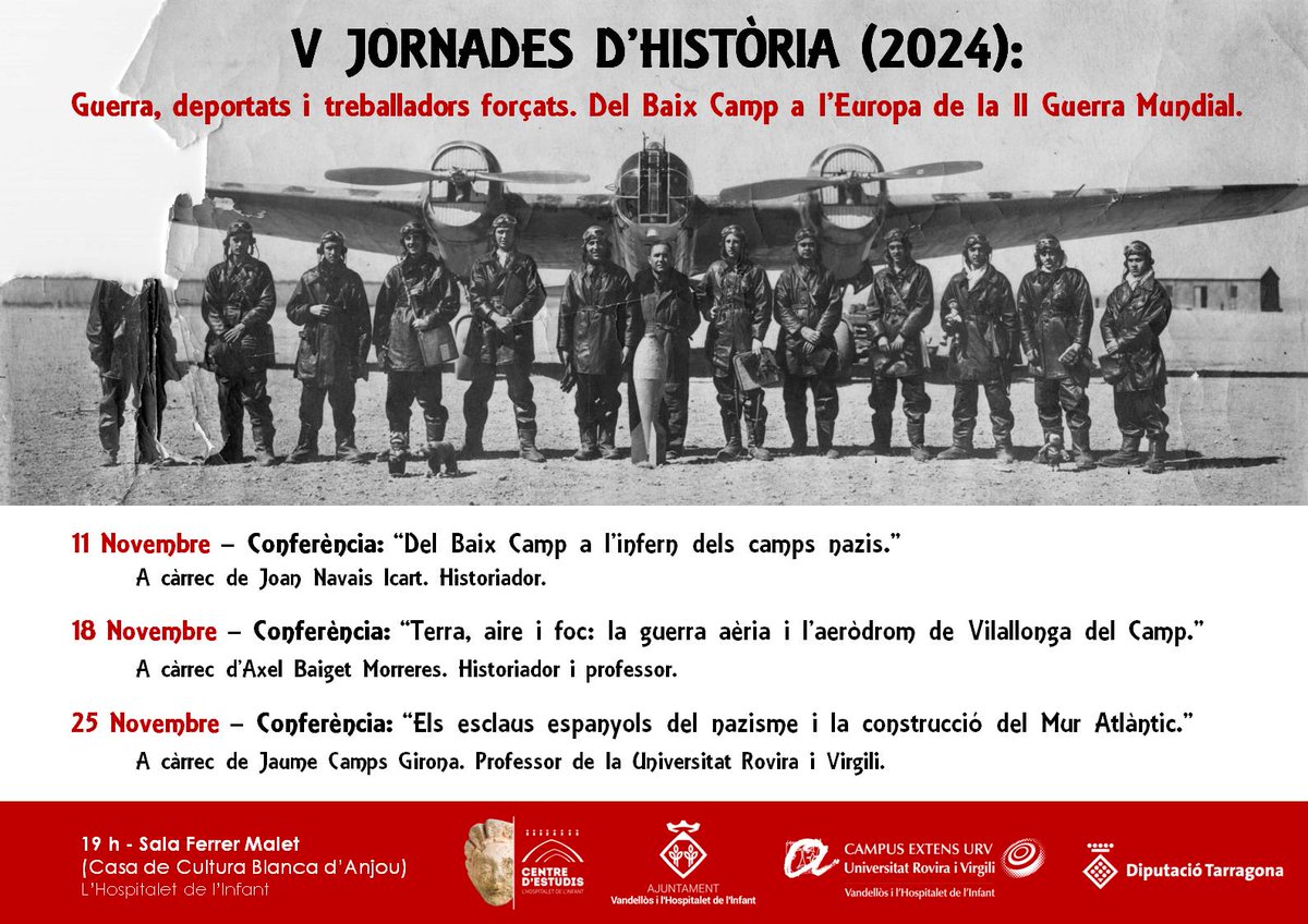 CELHI_'s tweet photo. 📣📣 El proper dilluns 25 tancarem les V Jornades d'història amb la conferència 🧐 "Els esclaus espanyols del nazisme i la construcció del Mur Atlàntic" a càrrec de Jaume  Camps Girona, professor de la URV. 🗣️🗣️ Us hi esperem!!

📌 Sala Ferrer Malet 
📆 25 de novembre
🕖 19:00 h https://t.co/Xt5guYSXxF