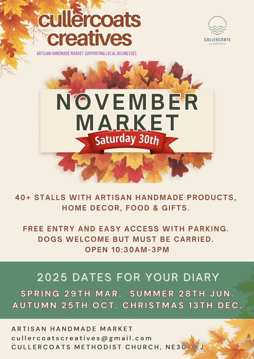Laura Watson (@laurawatsonart) on Twitter photo It’s the Cullercoats Creatives market one week today and I can’t wait!
This will be my last market of the year. It’s at Cullercoats Methodist Church (on the Broadway) and the traders will be there from 10.30am til 3pm.
Come along and join us for what’s sure to be a great day! It’s the Cullercoats Creatives market one week today and I can’t wait!
This will be my last market of the year. It’s at Cullercoats Methodist Church (on the Broadway) and the traders will be there from 10.30am til 3pm.
Come along and join us for what’s sure to be a great day!