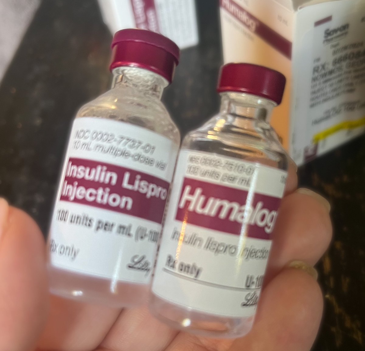 CNowmos's tweet photo. On right is name brand insulin (copay $150/2 vials and apparently still a discount); on left is generic (copay $53/bottles). Same exact medication, both made by @EliLillyandCo. Why the price difference? https://t.co/AtexfZBWRH