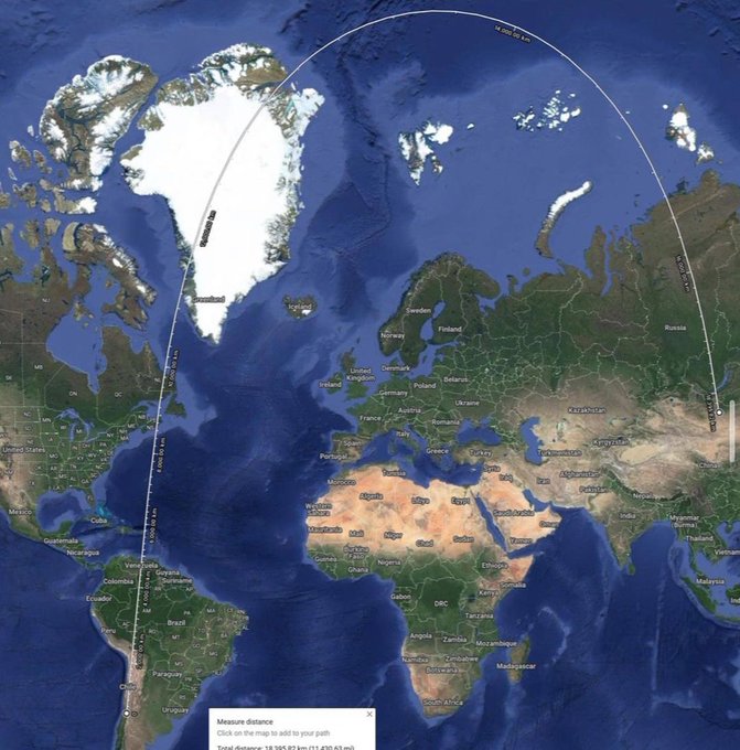 Shortest route from Santiago, Chile to Ulaanbaatar, Mongolia.