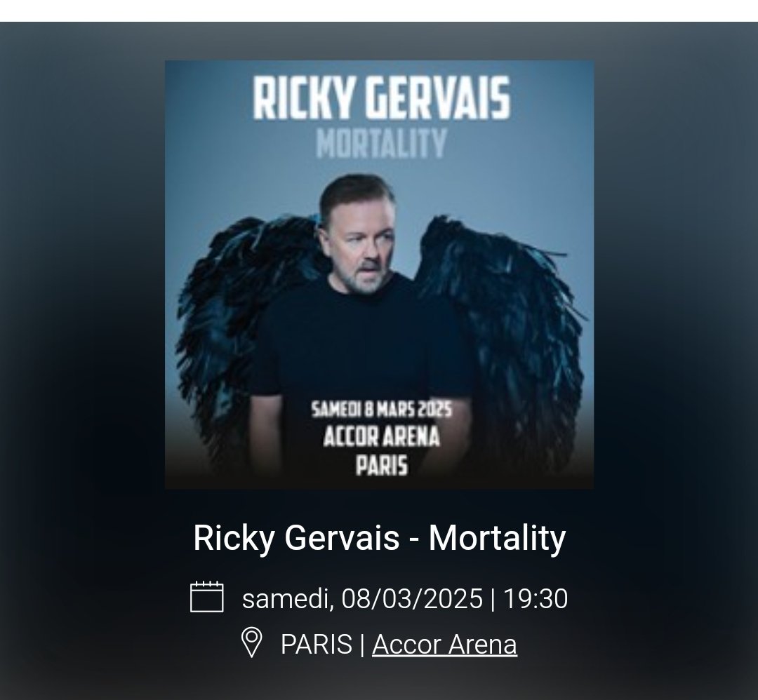 Ticket booked for <a href="/rickygervais/">Ricky Gervais</a>'s next show at <a href="/Accor_Arena/">Accor Arena</a> in Paris in March. Can't wait! You should see me grinning like a mad man right now. 😁
🇫🇷 Place réservée pour le prochain spectacle de <a href="/rickygervais/">Ricky Gervais</a> à l'Accor Arena. J'en connais un qui va passer une bonne soirée... Moi!