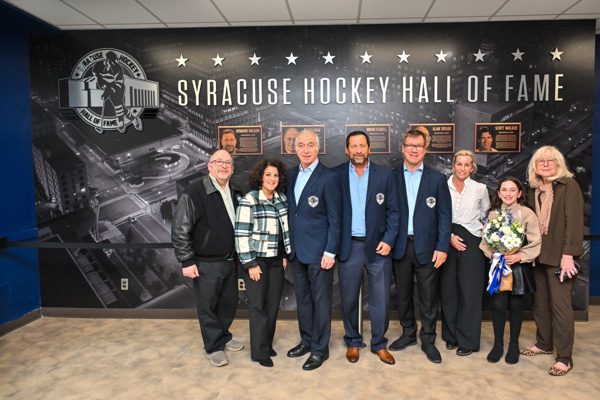 SyracuseCrunch's tweet photo. We are so proud to have enshrined Scott Walker, Howard Dolgon, Ed Kochian, Alan Taylor and Brian Elwell as the Inaugural Class of the Syracuse Hockey Hall of Fame. 🌟

The Crunch held a private induction this afternoon and look forward to the pregame ceremony tonight. https://t.co/PnOilADf4Y