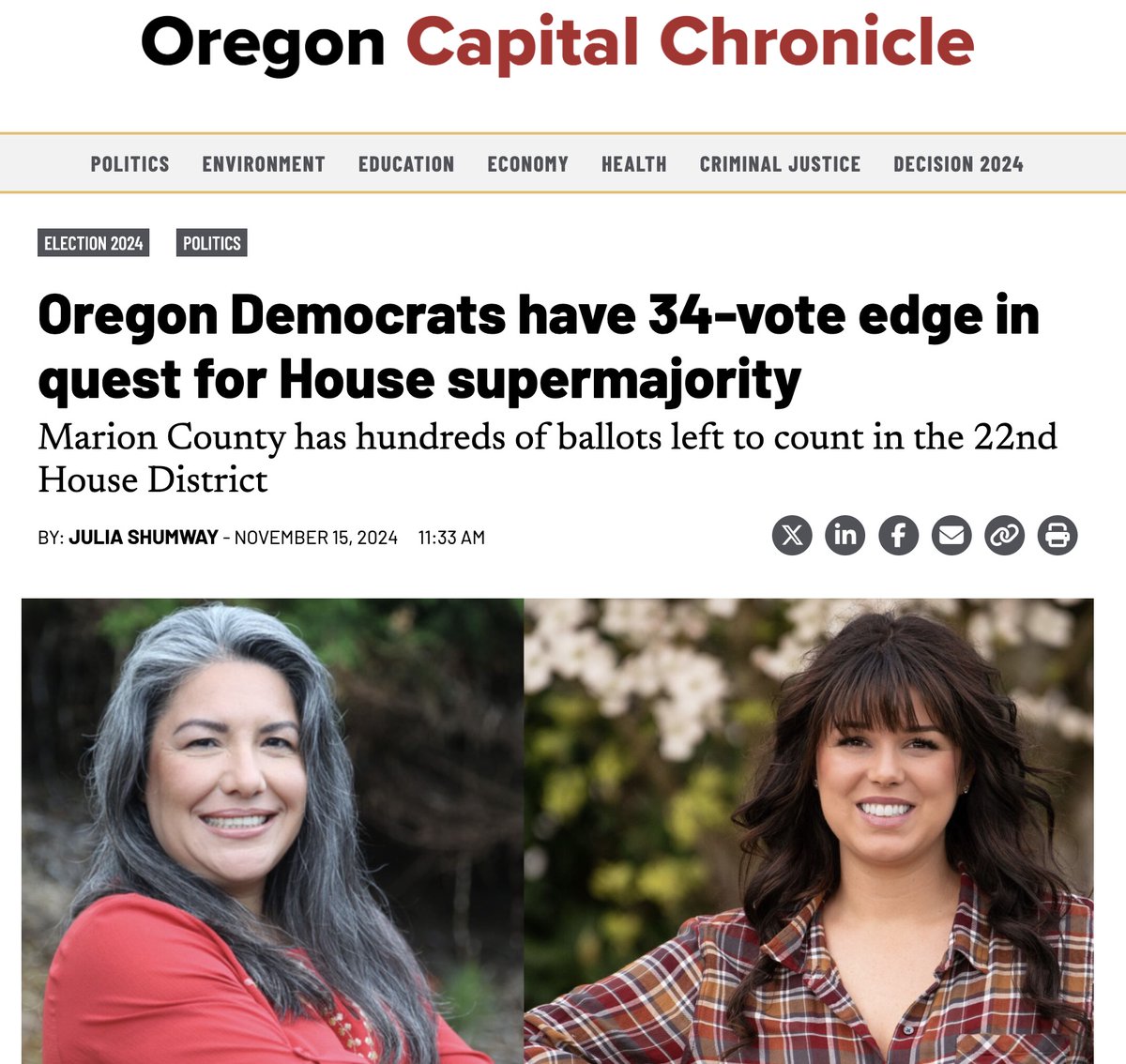 In Oregon, Democrats have a shot at supermajorities in both legislative chambers. They've got the Senate. In the House, it comes down to one seat—and they're still curing ballots.

Democrat Lesly Muñoz has a tiny lead over Rep. Tracy Cramer. On Nov 15, just 34 votes. Now ~123.