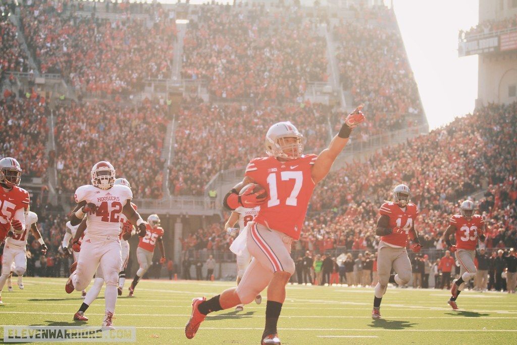 11W's tweet photo. Caleb Downs returns a punt for a touchdown 10 years and 1 day after Ohio State's last punt return for a touchdown, when Jalin Marshall also housed one against the Indiana Hoosiers. https://t.co/7H7A21dFLA
