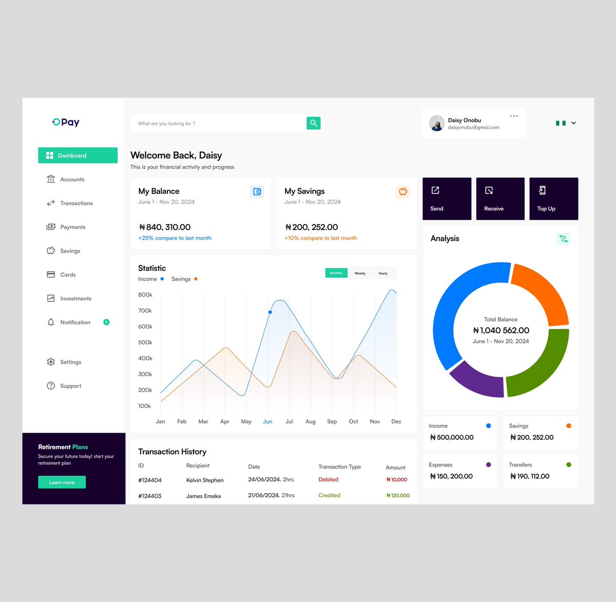DaisyOnobu_'s tweet photo. Designed a sleek and intuitive dashboard for Opay🚀💚 

@OPay_NG 

#DesignMagic #OpayDashboard #FintechDesign #DashboardVibes #CreativeDesign #UIUXMagic #OpayInnovation #DigitalDesign #FintechSolutions #UXGoals #DesignerLife https://t.co/4DGDgyHFaM