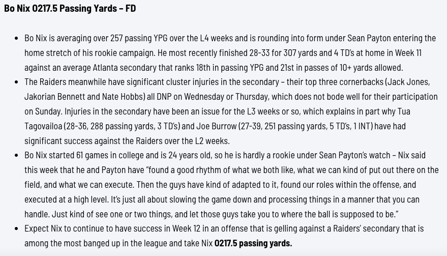 GridironIntell's tweet photo. Bo Nix is averaging over 257 passing YPG over the L4 weeks 

Most recently finished 28-33 for 307 yards and 4 TD’s at home in Week 11 vs ATL

LV secondary is thin, without several starters, while top CB Jack Jones is questionable - LV secondary L2 weeks has been suspect:

-Tua Tagovailoa (28-36, 288 passing yards, 3 TD’s)
-Joe Burrow (27-39, 251 passing yards, 5 TD’s, 1 INT)