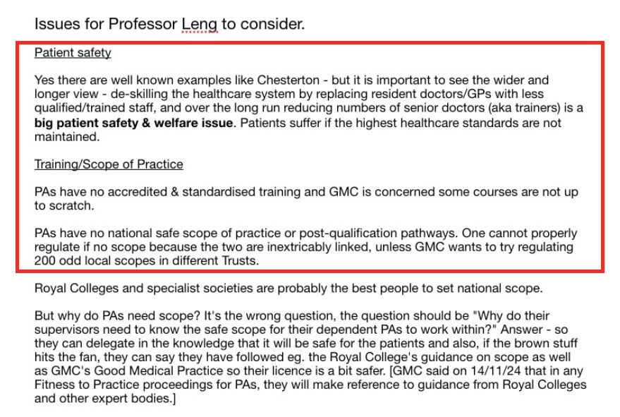 I agree with Dr Clarke as the 1st point of my Leng List - patient safety is prejudiced by de-skilling the healthcare system &amp; replacing doctors with PAs.  

No one can argue against this statement.   

Prof Leng must hear this LOUD &amp; CLEAR.  

FOCUS on this, ignore the noise.