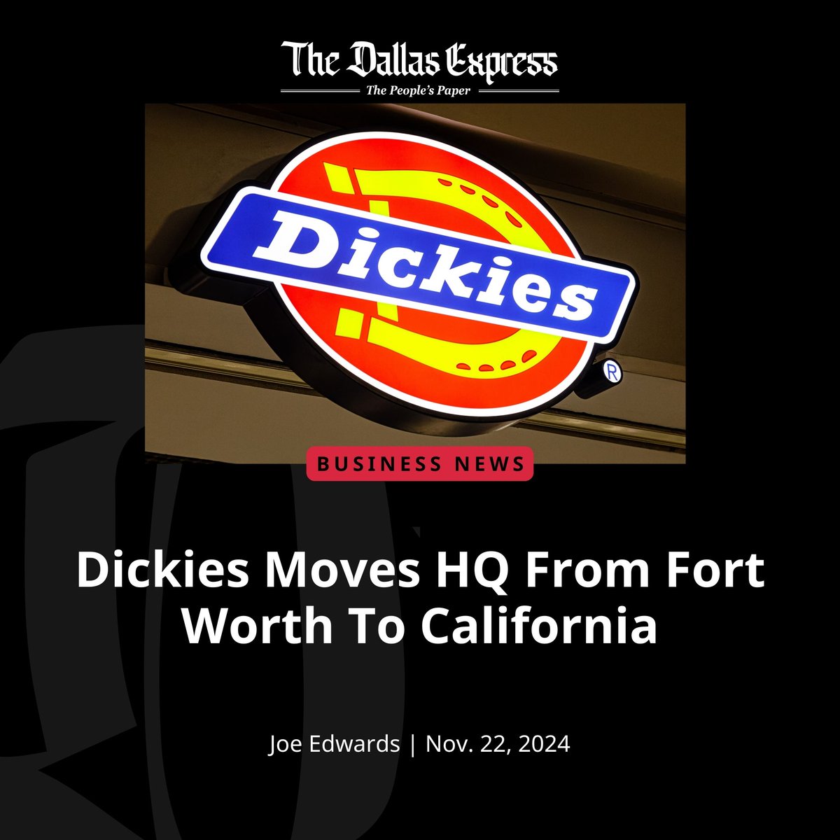 DallasExpress's tweet photo. The iconic workwear brand @dickies is packing up and moving its headquarters to Costa Mesa, California.
#iconicworkwear #packingup #california https://t.co/4nZMv1ALjU
