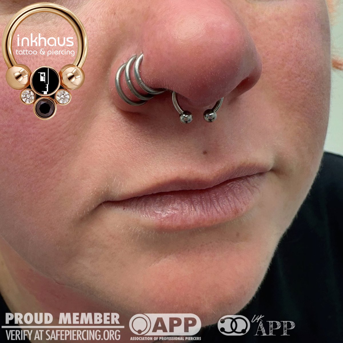 It doesn’t get much cooler than this! 🤩 This client has healed three nostril piercings beautifully and we recently added a septum with a super shiny implant grade titanium circular barbell from <a href="/ISbodyjewelry/">INDUSTRIAL STRENGTH</a> . I’m always a fan of multiple nose #piercings!