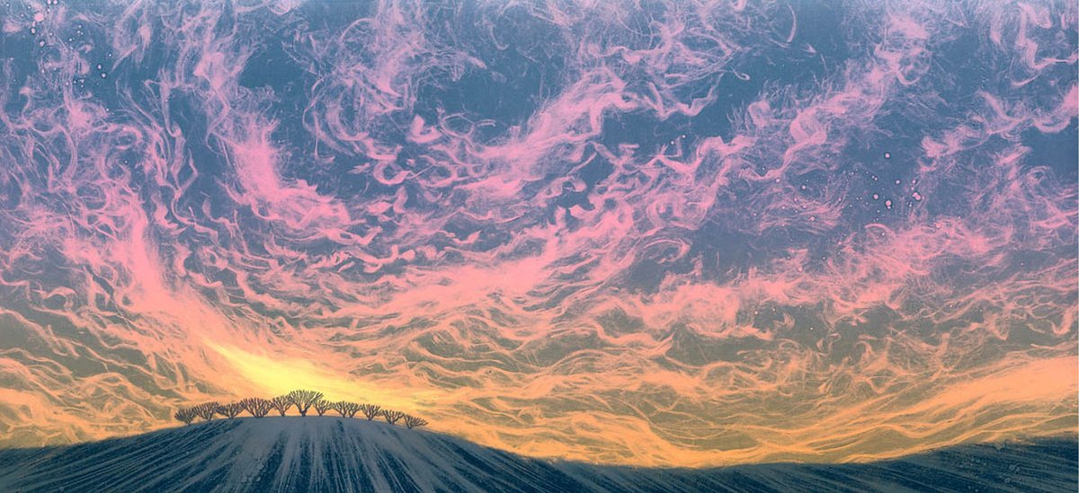 This sunset landscape monotype captures the moment when the trees on the horizon bask in the last rays of the evening sun. I called it Evening Rendezvous as the trees are grouped together as though joining hands for a transcendent moment. Original: rebecca-vincent.co.uk/product-page/s…