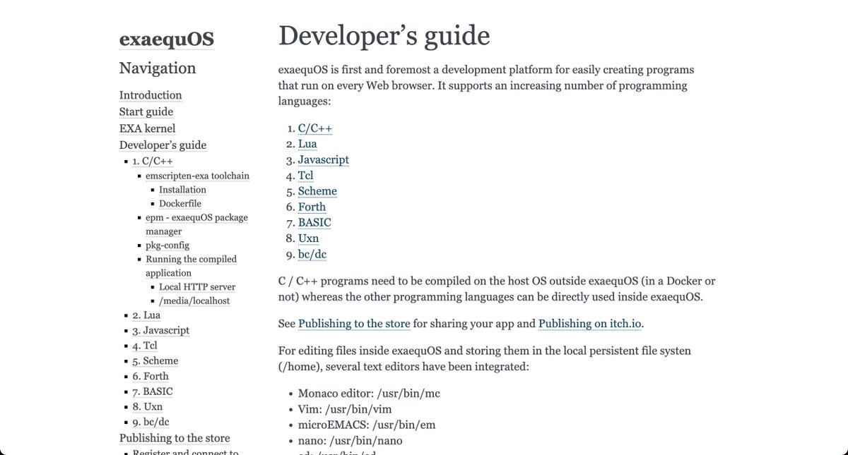 I have updated the exaequOS developer's guide exaequos.com/doc/build/html…
for building and sharing apps in C, C++, Lua, Javascript, Tcl, Scheme, Forth, BASIC, Uxn, bc/dc