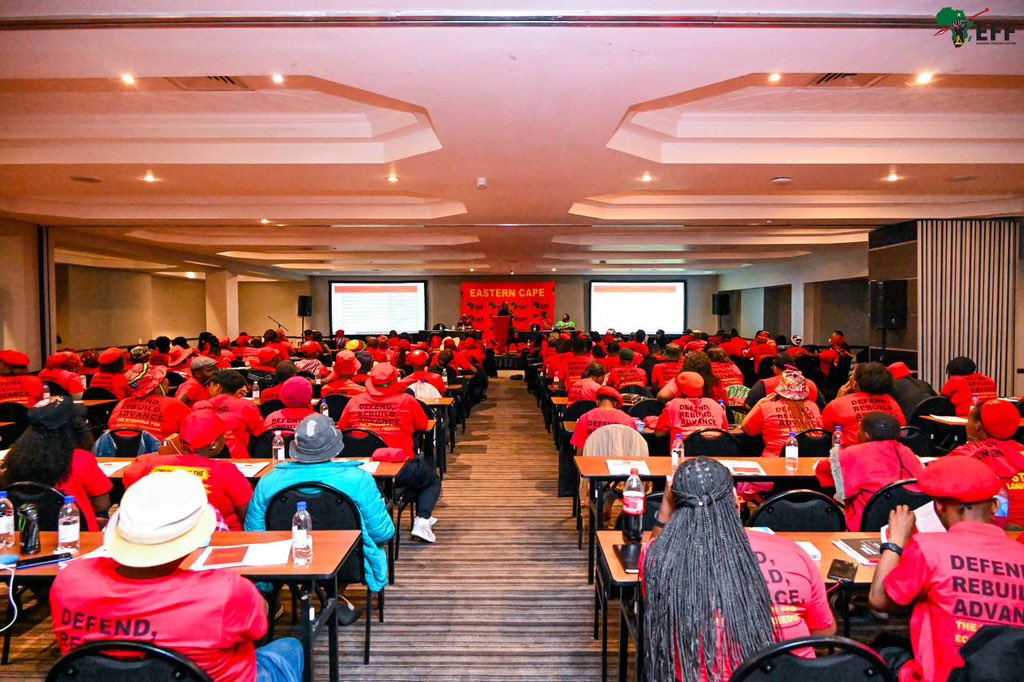 EFFSouthAfrica's tweet photo. ♦️In Pictures♦️

The EFF Secretary General, Dlamini Marshall addressing the Eastern Cape #EFFNPA2024 delegates at the PGA currently underway in East London, ICC. 

We urge you to remain loyal only to the National People’s Assembly Guidelines, the Constitution of the EFF, the Code of Revolutionary Discipline and the EFF Founding Manifesto.