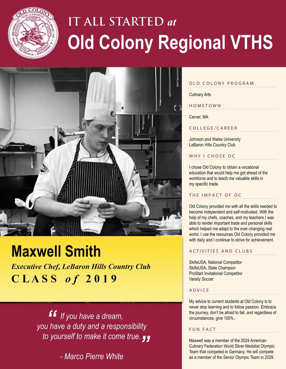 Apply at oldcolony.go2cte.com

Congratulations to Max Smith of Carver, MA who was just named to the 2028 American Culinary Federation Senior Olympic Team. Max was a member of the 2024 Junior Olympic Team that won the World Silver medal in Germany. 

Connect. Create. Inspire.