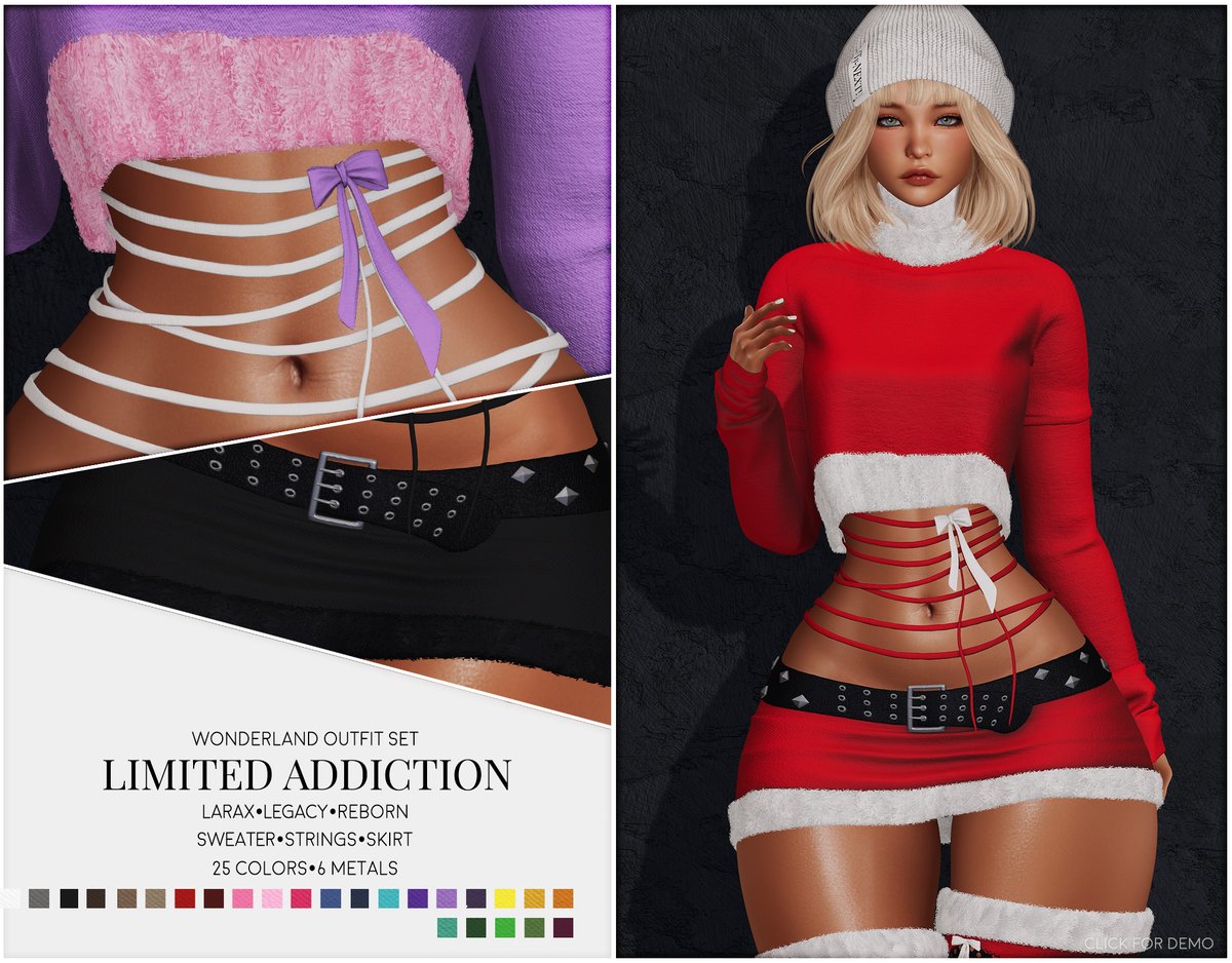 PERFECT Winter outfit landing @ Uber in just 2 days! 

Wonderland includes sweater, strings, and miniskirt fitted for LaraX, Legacy, and Reborn bodies. Over 20 colors included with multiple options!

PS .A matching socks &amp; boots set landing at KINKY event next week! #secondlife