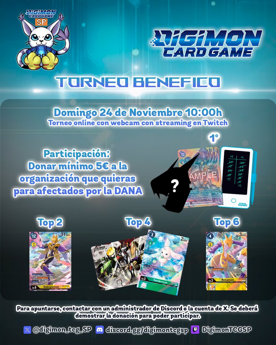 digimon_tcg_SP's tweet photo. 🚨[IMPORTANTE]🚨

Mañana es el DÍA!

Torneo benéfico ONLINE para ayudar a los afectados por la DANA!

Dona mínimo 5€ a la organización que quieras y participa en el torneo! Así de fácil! https://t.co/gf44DtHRkJ