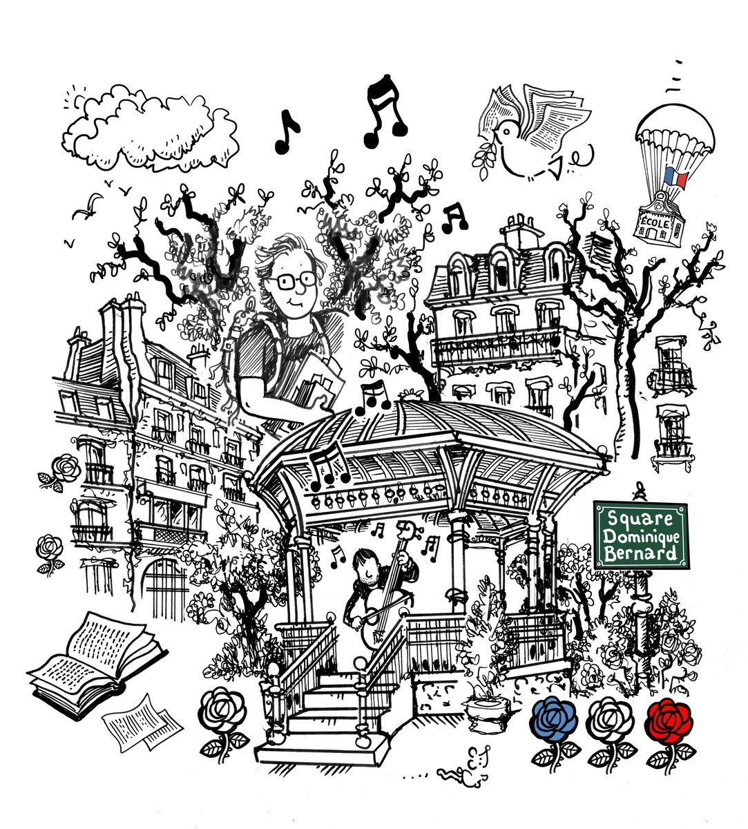 plantu's tweet image. DOMINIQUE BERNARD: Aujourd’hui, samedi 23 novembre,  la Mairie de Paris a inauguré le Square Dominique Bernard pour rendre hommage au professeur de français assassiné à Arras le 13 octobre 2023 par un terroriste islamiste, en protégeant ses élèves.