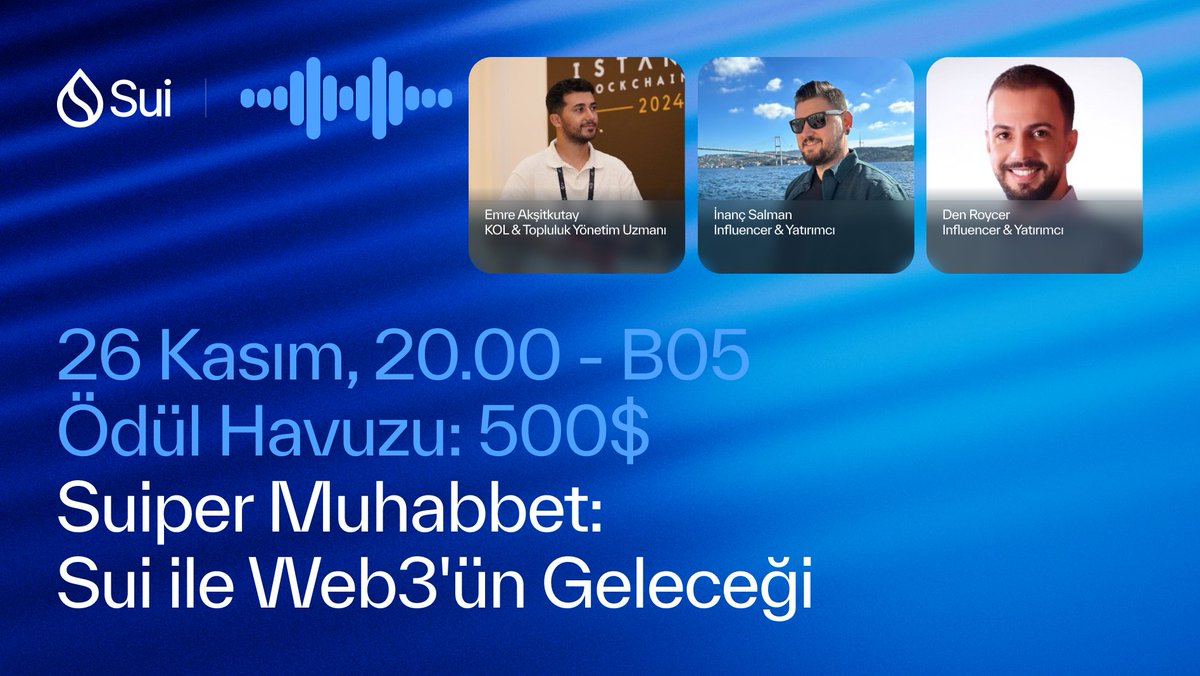 Sui Türkiye 🇹🇷 (@suinetwork_tr) on Twitter photo Sui ile Web3'ün geleceği nasıl mı olacak?
Toplam 500$ ödül havuzumuz var:
1⃣ Beğeni & RT yapan 10 kişiye toplam 250$
2⃣ Yorumlardaki en iyi 5 soruya ise toplam 250$
Suiper Muhabbet'in beşinci bölümünde; <a href="/EmreAksitkutay/">Emre Akşitkutay</a>, <a href="/inancsalman/">İnanç Salman</a> ve <a href="/denroyceR/">Den Roycer</a> ile bir araya geleceğiz. Sui ile Web3'ün geleceği nasıl mı olacak?
Toplam 500$ ödül havuzumuz var:
1⃣ Beğeni & RT yapan 10 kişiye toplam 250$
2⃣ Yorumlardaki en iyi 5 soruya ise toplam 250$
Suiper Muhabbet'in beşinci bölümünde; <a href="/EmreAksitkutay/">Emre Akşitkutay</a>, <a href="/inancsalman/">İnanç Salman</a> ve <a href="/denroyceR/">Den Roycer</a> ile bir araya geleceğiz.