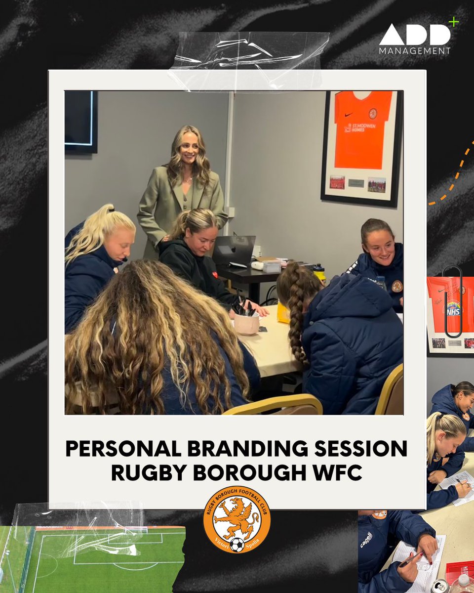 AddManagementUK's tweet photo. What a fantastic Personal Branding workshop with the @RugbyBoroughWFC team and @GAdderley + @AddManagementUK ⚽️

We believe in the importance of supporting female athletes both on and off the pitch and thank the team for welcoming us.📈🧡⚽️

#womensfootball #personalbranding https://t.co/qF2fZBfXoO