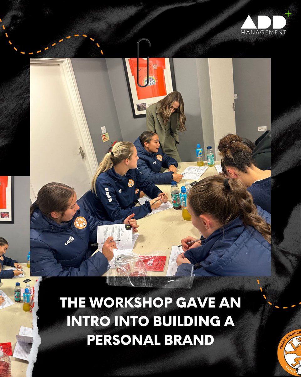 AddManagementUK's tweet photo. What a fantastic Personal Branding workshop with the @RugbyBoroughWFC team and @GAdderley + @AddManagementUK ⚽️

We believe in the importance of supporting female athletes both on and off the pitch and thank the team for welcoming us.📈🧡⚽️

#womensfootball #personalbranding https://t.co/qF2fZBfXoO