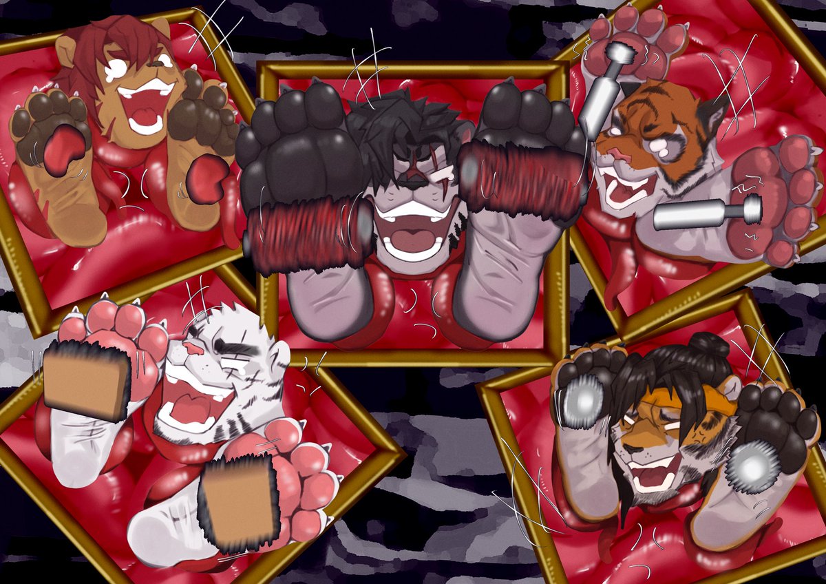 五只老虎进入古堡探险，正好遇上了男巫们在开雄性sm脚奴派对，这不正好嘛有新鲜的奴隶送上门来啦🎉这次的新人从武道少年到熟男宗师都有呢～既然共同点都是武艺超群，那么肉垫是不是也像身体那么硬朗呢🪶🦶🏻～哎呀呀没想到五只全都是一挠就破防的超骚肉脚，真是羞耻呢～但没有关系，这个多锻炼就好啦❤️