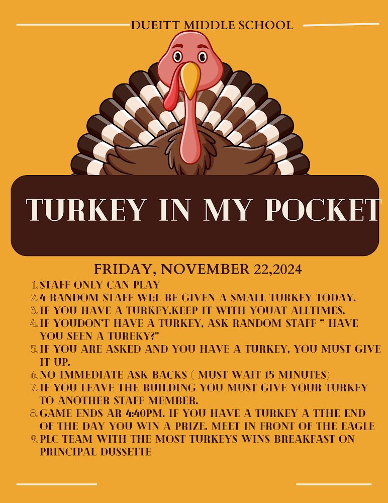 KDussette's tweet photo. Our staff played “Turkey in My Pocket” and had a blast going in to our break! Check out our winners 🏆 @DueittEagles @NirmolLim @SISD_CoA
#PeopleFirst #CultureOverStrategy #Soar2025 https://t.co/smChWA4q88