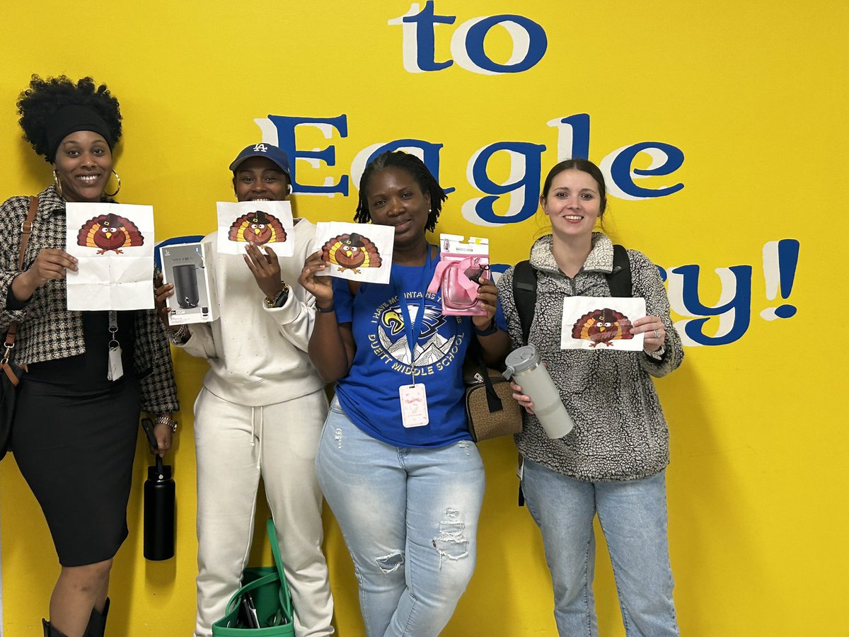 KDussette's tweet photo. Our staff played “Turkey in My Pocket” and had a blast going in to our break! Check out our winners 🏆 @DueittEagles @NirmolLim @SISD_CoA
#PeopleFirst #CultureOverStrategy #Soar2025 https://t.co/smChWA4q88
