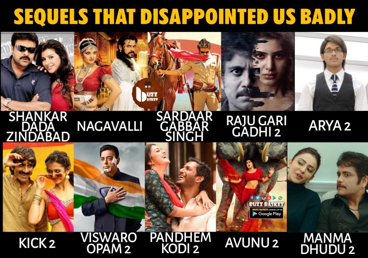 theBuzZBasket's tweet photo. Sequels That Disappointed Us Badly

#Chiranjeevi #ShankarDadaZindabad #Venkatesh #Nagavalli #PawanKalyan #SardaarGabbarSingh #Nagarjuna #RajugariGadhi2 #Manmadhudu2 #AlluArjun #Arya2 #KamalHaasan #Viswaroopam2 #RaviTeja #Kick2 #Avunu2 #Pandemkodi2 https://t.co/UIkLu52d0G