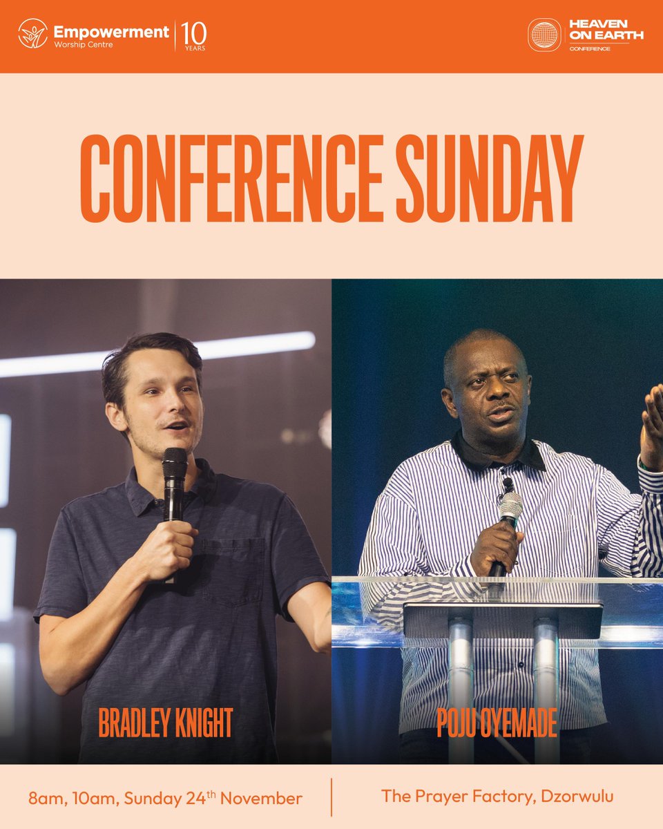 See you tomorrow as we climax an impactful HEAVEN ON EARTH CONFERENCE with two power-packed services in the morning (8 AM &amp; 10 AM) with <a href="/PastorBKnight/">Brad Knight</a> <a href="/pastorpoju/">POJU OYEMADE</a> bringing the word, and our Worship Night with @travisgreenetv &amp; <a href="/ewc/">your mom</a>.live at 6 PM!