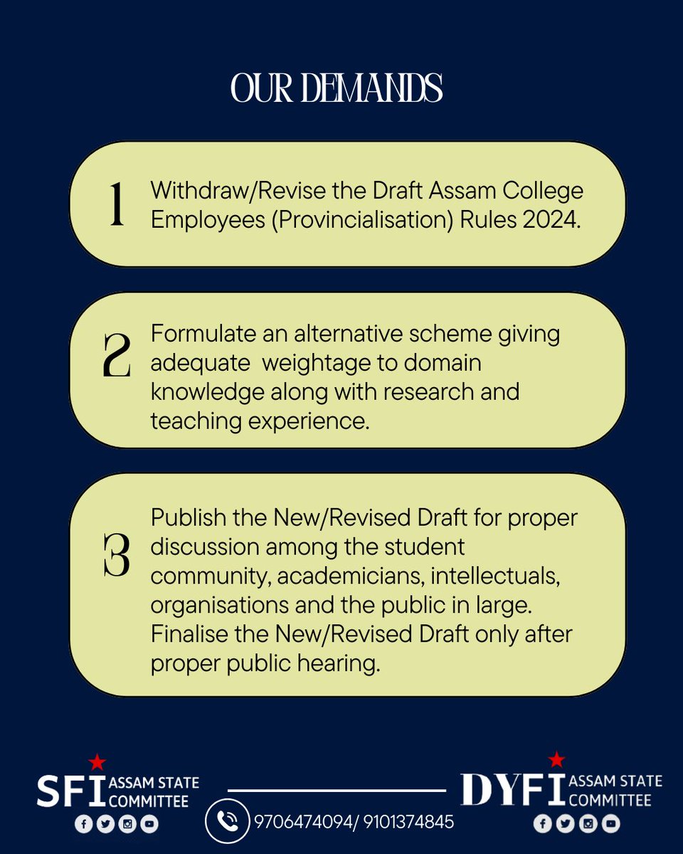 SFI and DYFI have raised the following demands in relation to the Draft Assam College Employees (Provincialisation) Rules 2024.<a href="/ranojpeguassam/">Ranoj Pegu</a> <a href="/himantabiswa/">Himanta Biswa Sarma</a>