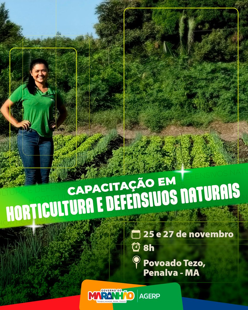 AgerpMA's tweet photo. Capacitação em Horticultura e Defensivos Naturais

Hora: 8h
Data: 25 a 27 de novembro
Data: Local: Povoado Tezo, Penalva - MA. https://t.co/0b7qp7N0p8