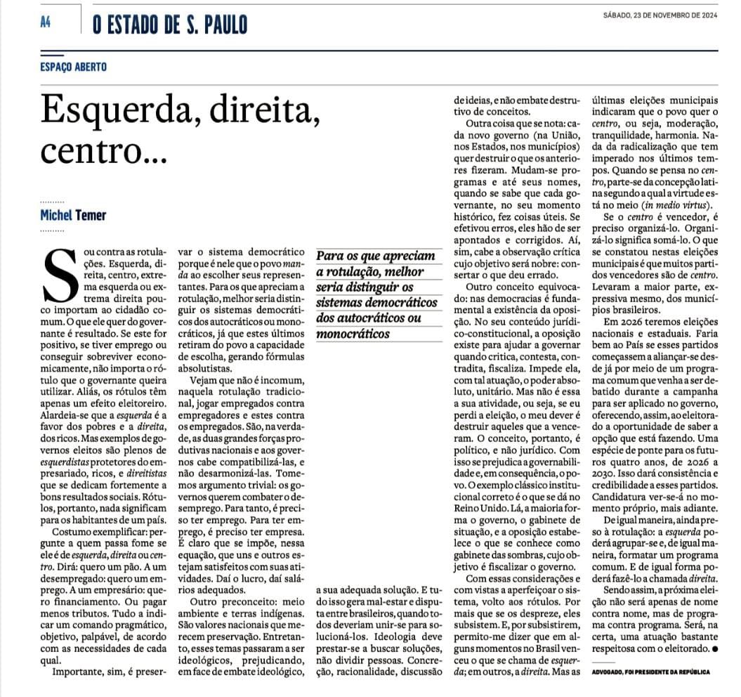 MDB_Nacional's tweet photo. Em artigo no @Estadao, @MichelTemer critica luta ideológica sem resultados: "pergunte a quem passa fome se ele é de esquerda, direita ou centro. Dirá: quero um pão. A um desempregado: quero um emprego. A um empresário: quero financiamento. Ou pagar menos tributos". https://t.co/L6DU31wi7i