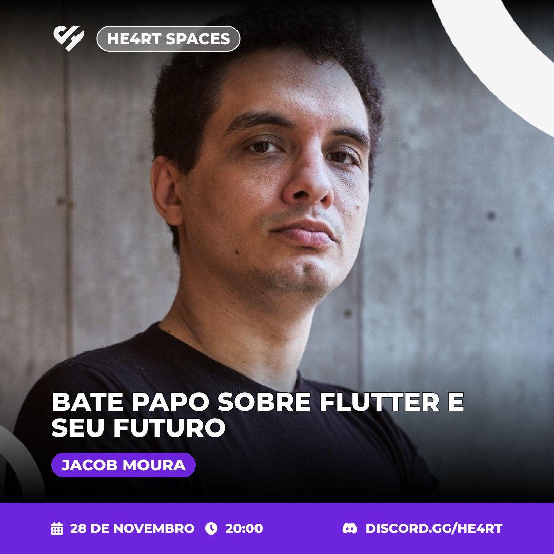 👩🏻‍🚀Salve dev !!! vamos falamos de Flutter e Dart por aqui com o Jacob Moura <a href="/jacob_moura/">Jacob Moura - Flutterando💙</a> !!

Ele vem para falar sobre o ecossistema do Flutter e também seu mercado futuro no ramo como developer.

📅Nos vemos 28 de novembro, quinta-feira, às 20:00!

 🔗👇
discord.gg/he4rt-develope…