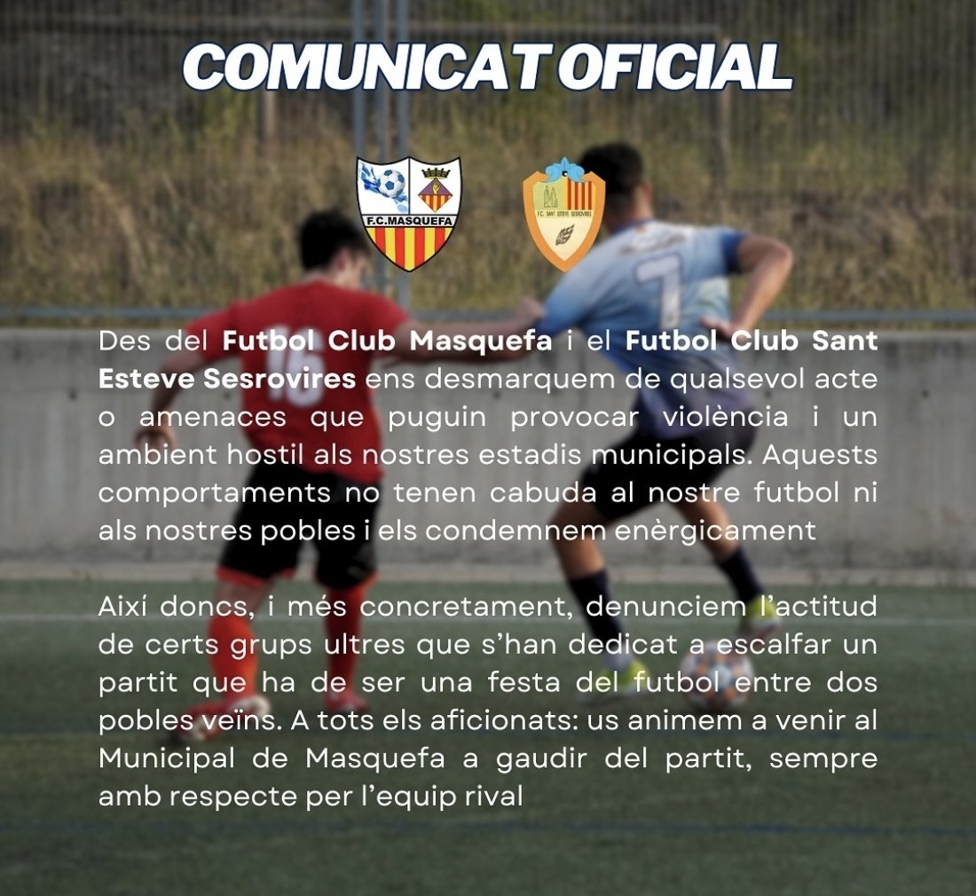 adria_companys's tweet photo. Perqué sempre hauria d'estar aixi.
Fora les actituts violentes. Verbals i fisiques.
Preservar l'esport es tasca de tots.
@FCF_CAT
@FutbolCatalunya
#respecte
#jocnet
@FCMasquefa
@SES_FC https://t.co/uBhnQK4AiE