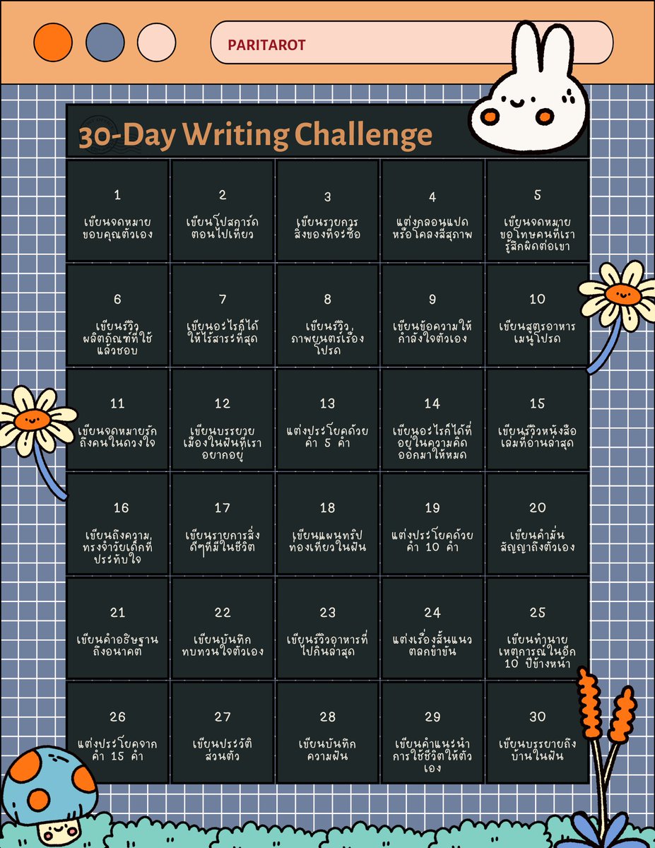 30-Day Writing Challenge 📚✍️ 

วันนี้มีไอเดียชวนให้มาชาเลนจ์ตัวเองขีดเขียนตัวหนังสือกันค่ะ การเขียนจะทำให้เราได้ใช้ความคิด เพื่อเรียบเรียงเนื้อหาที่จะสื่อสารออกมาอย่างเป็นขั้นเป็นตอน หรือเราอาจจะใช้การเขียนเพื่อระบายความรู้สึกที่อยู่ในใจก็ได้ เป็นทักษะที่ได้ใช้ตลอดชีวิตค่ะ✨