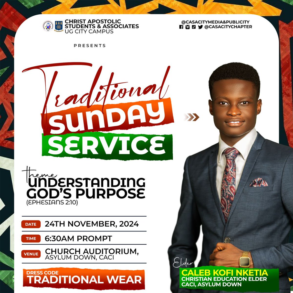 CalebKofiNketia's tweet photo. I will be worshipping with @casacitychapter tomorrow, Lord-willing, at their #TraditionalService, where I will speak on ‘UNDERSTANDING GOD’S PURPOSE’. Do join us for a divine fellowship full of God’s love and blessings! 👌🥰❤️🔥
#casaglobal #HereToWin #LetLoveLead https://t.co/wadl5U9qTC
