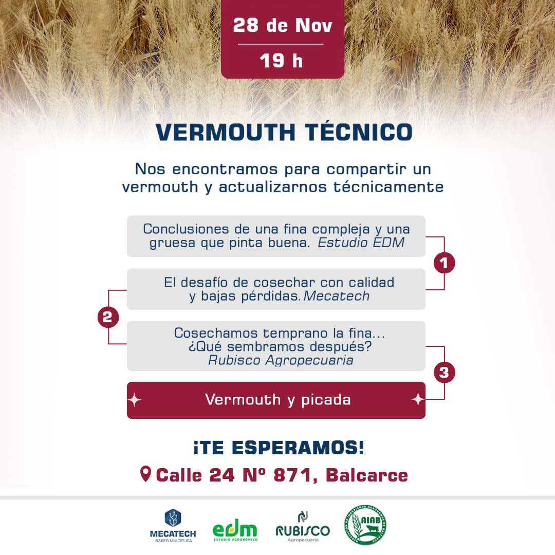 Santiago Tourn (@santiagotourn) on Twitter photo Vermouth Técnico
Porque queremos devolverle al medio productivo algo de todo lo que no dio este año, organizamos este evento libre entre 3 emprendimientos de Balcarce junto con la Asoc de Ing. Agr.
Los esperamos
<a href="/mecatech_ag/">MecaTech Agroconsultora</a> Vermouth Técnico
Porque queremos devolverle al medio productivo algo de todo lo que no dio este año, organizamos este evento libre entre 3 emprendimientos de Balcarce junto con la Asoc de Ing. Agr.
Los esperamos
<a href="/mecatech_ag/">MecaTech Agroconsultora</a>