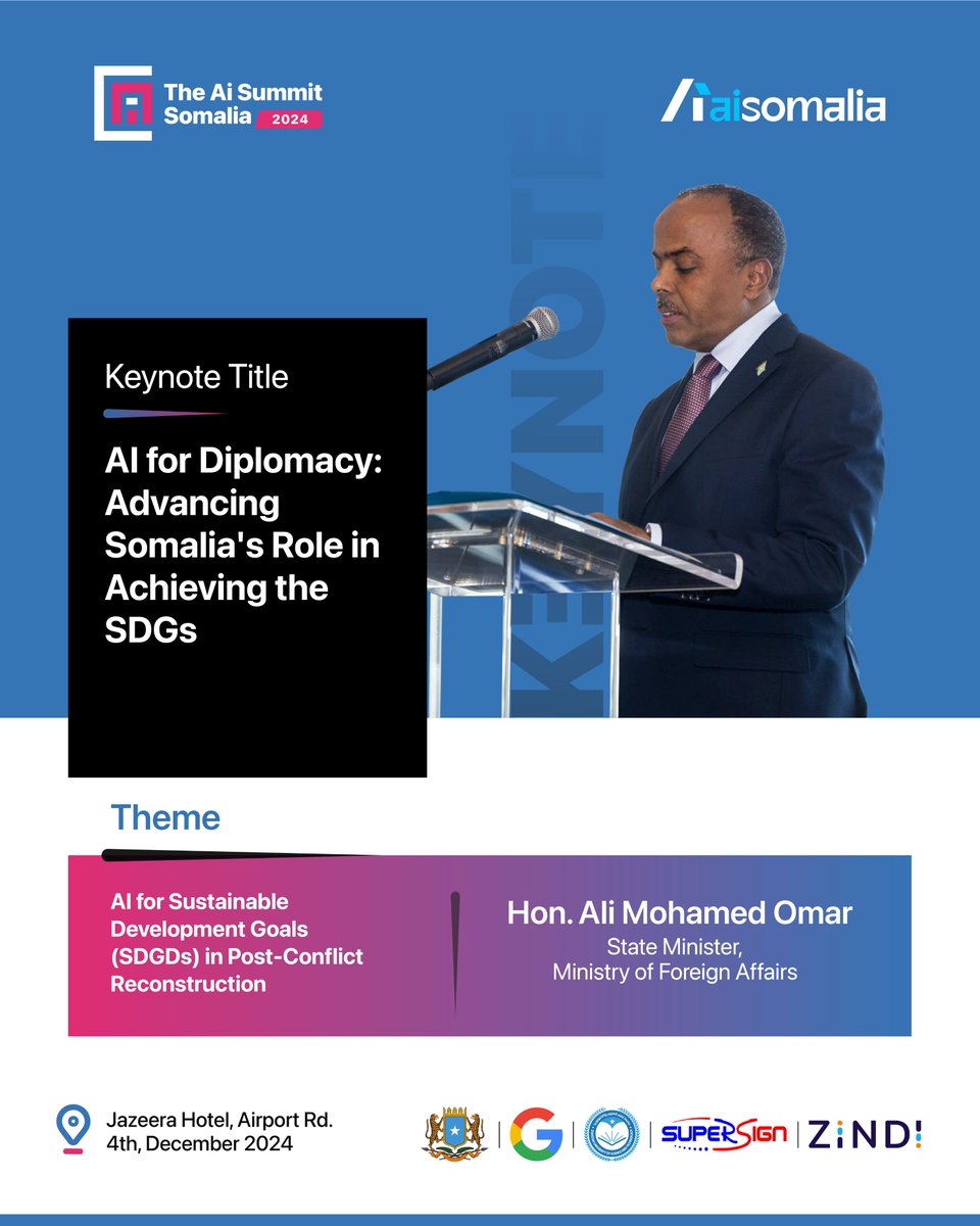 🎙️Keynote Spotlight: Join us at AI Summit Somalia 2024 as <a href="/AliOmarMP/">Ali Omar</a> delves into "AI for Diplomacy: Advancing Somalia's Role in Achieving the SDGs." With 30+ years in tech, including 20 at <a href="/IBM/">IBM</a>, his expertise bridges technology &amp; governance. #AISummitSo #AIforSDGs #AISomalia