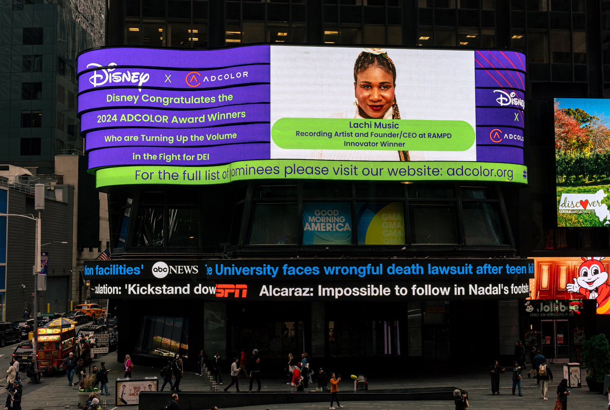 Made my Time Square billboard debut! 🤩 Thank you @ADCOLOR and <a href="/Disney/">Disney</a> for congratulating me on the biggest screen in my city! Truly a surreal, bucket list moment. I am still buzzing from my ADCOLOR Innovator of the Year award win and feeling grateful beyond words
